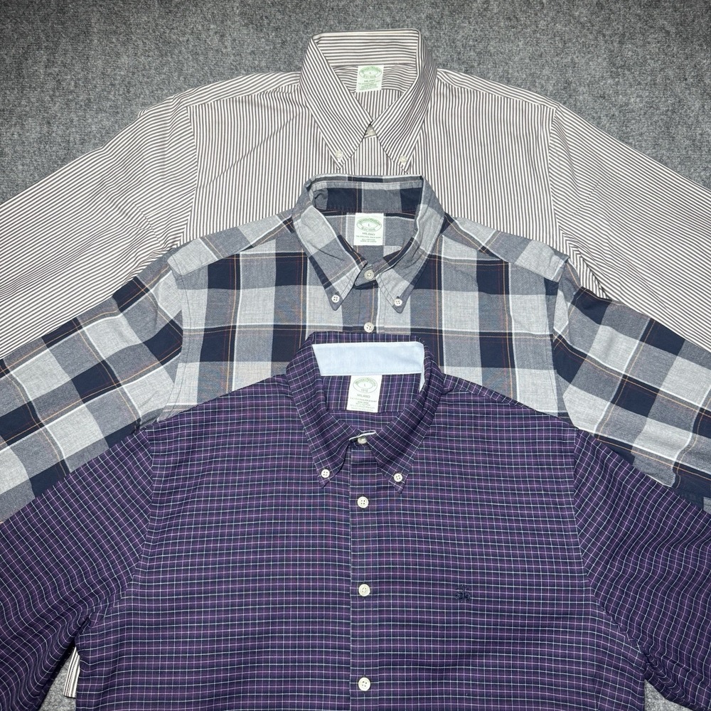 Lot Of 3 Brooks Brothers Button Down Dress Shirts Milano Men Large Plaid Logo